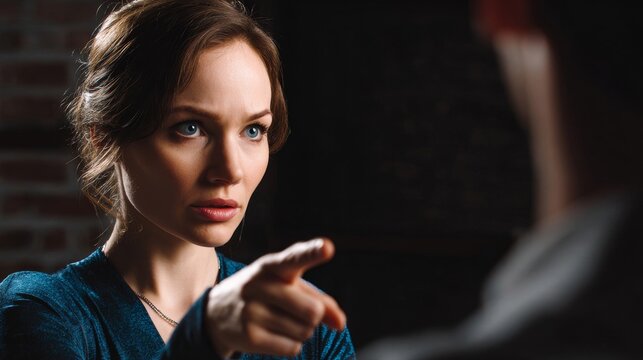 Woman points accusingly at someone in dim lighting