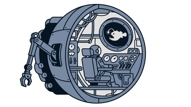 Stylized vector illustration of a deep sea submersible cross section with pilot and anglerfish.