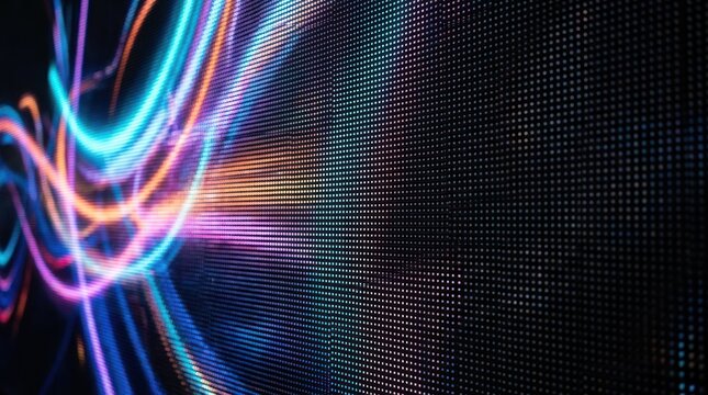 A vibrant LED screen displays dynamic, swirling light patterns in a multitude of colors. The screen emits a bright, energetic glow, creating a sense of movement and digital abstraction.