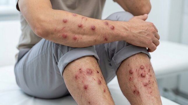 Close-up of skin with red nodules and raised bumps on forearms and lower legs in a clinical environment