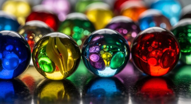 Vibrant Collection of Colorful Marbles Reflecting Light.
