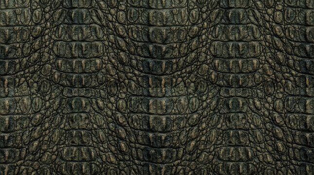 A close-up image showcases the intricate texture of alligator skin. The dark, mottled pattern of the scales dominates the frame, revealing the natural grain and subtle variations in color.