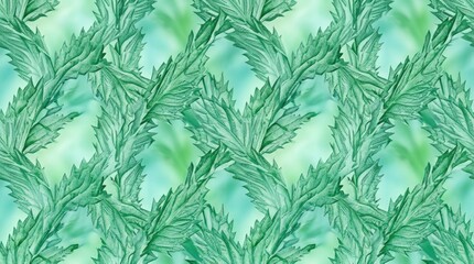 A detailed, watercolor illustration showcases a dense pattern of vibrant green, spiky leaves.