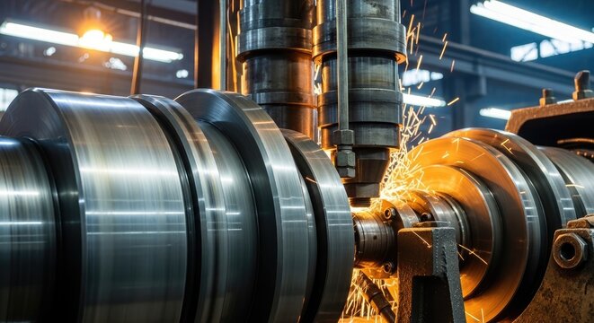 Industrial Manufacturing Process - Precision Machining of Metal Components in Factory.