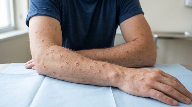 Close-up of human forearms with circular skin lesions and red rash in a medical examination setting