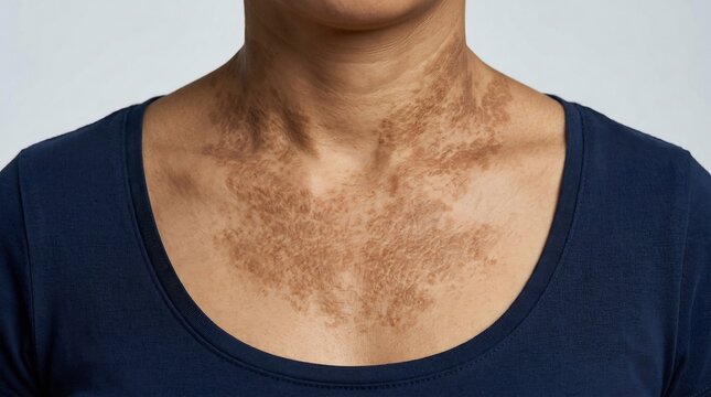 Close-up of hyperpigmentation and brown skin patches on the neck and chest area of a person