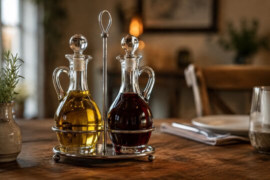 Elegant glass cruets on a rustic wooden table with warm reflections.