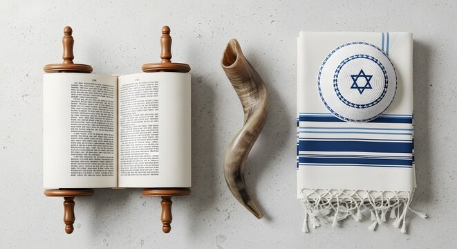 Jewish religious tradition and spiritual artifacts. Rosh Hashanah or Yom Kippur celebration. Torah scroll shofar and tallit prayer shawl with kippah