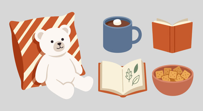 White teddy bear plush toy sitting on a striped orange cushion