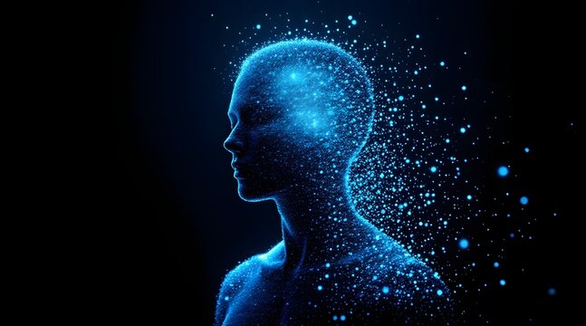 Digital Mind Fragmentation &ndash; Human Silhouette Dissolving into Luminous Geometric Pixels on Black Background