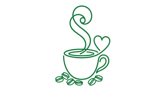 Minimalist Green Coffee Cup with Heart and Beans Line Art Icon