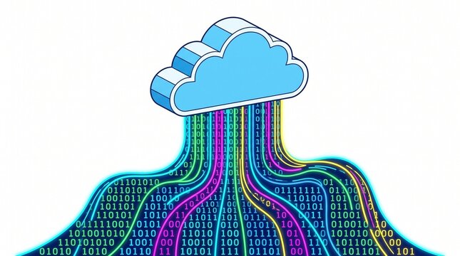 Colorful cloud computing concept with binary code data streams flowing down