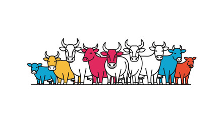 Fototapeta premium Colorful cows standing in line formation.