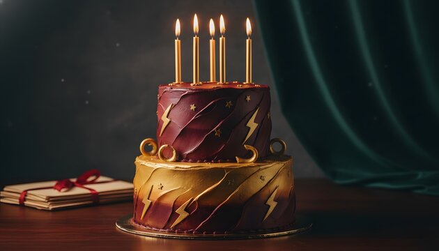 Magical wizard inspired anniversary cake with burning gold candles and lightning bolt decorations on a dark table, perfect for a July fantasy celebration concept