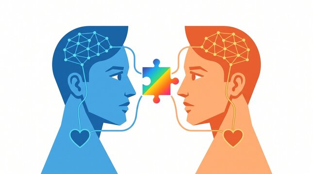 Vector illustration of two people with puzzle piece connecting their minds