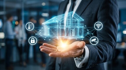 Fototapeta premium Smart Home Automation Concept with Businessman Holding Intelligent House Wireframe AI Generated