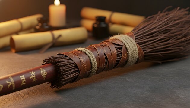 Handcrafted wooden flying broomstick prop lying on a dark stone table with scrolls and a burning candle for a magic school anniversary celebration concept