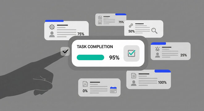 Flat design of a hand pointing to a task completion progress bar with percentages, suitable for project management, productivity apps and business reporting