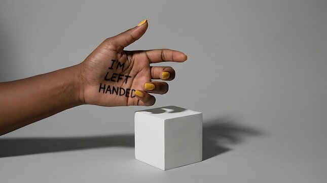 Hand with written message and white cube on gray background conceptual photography