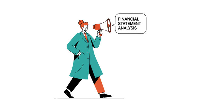 Businessperson announcing financial statement analysis with megaphone.