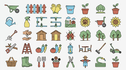 Fototapeta premium Flat design gardening and farming tools, plants, and farm icons