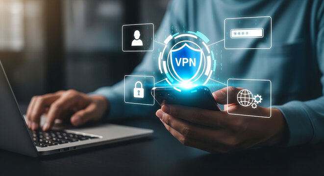 Person typing on a laptop while holding a smartphone with a glowing blue VPN security shield hologram, ideal for cybersecurity campaigns, tech blog content and network privacy service promotions