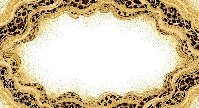 Luxurious gold leopard print frame with glitter. Decorative luxury border and background. Shiny golden waves with animal pattern for premium design templates