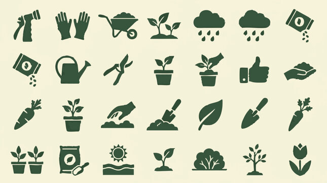 Gardening tools and plant icons set on light background