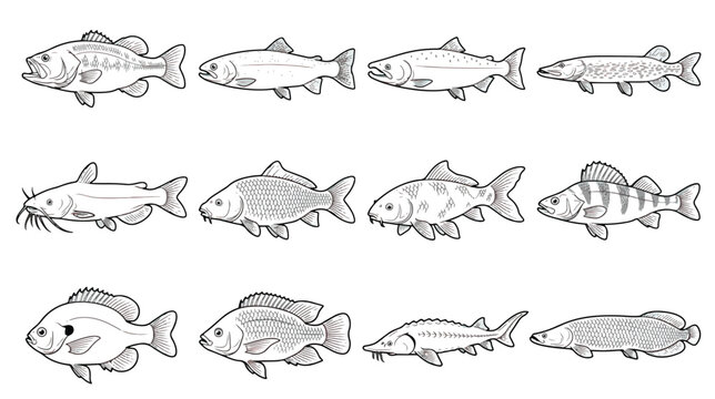 Vintage freshwater fish collection with 12 line art icons. Hand drawn fish species set including trout, bass, and catfish. Retro fishing vector illustrations.