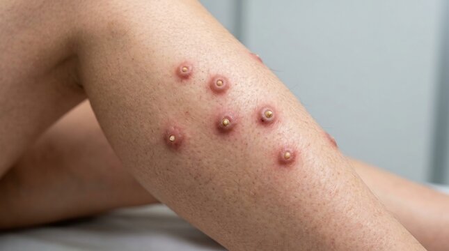 Close-up of inflamed skin with red papules and pustules on a human lower leg