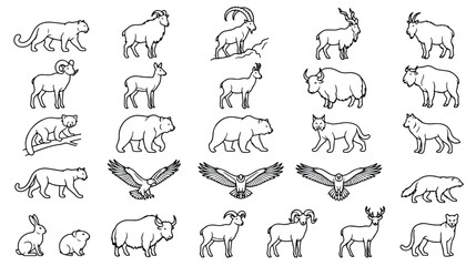 Fototapeta premium Minimalist mountain wildlife icons, set of 27 black line art animal vectors, wild fauna silhouettes for nature branding and outdoor education