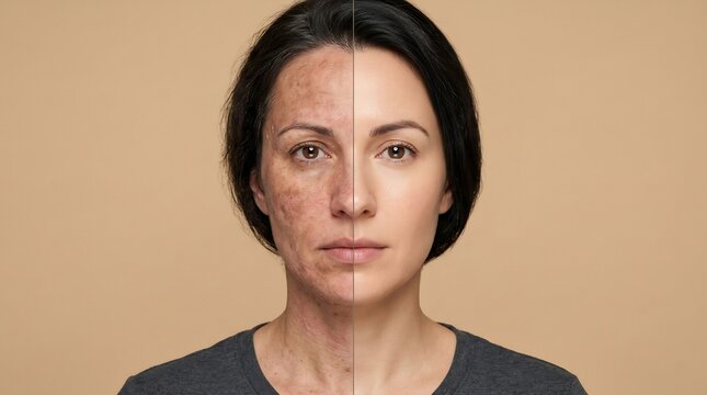 Split screen portrait of a woman showing a comparison between damaged skin with hyperpigmentation and healthy smooth skin after treatment