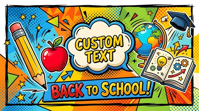 Back to school comic book style banner with pencil, apple, globe, and book