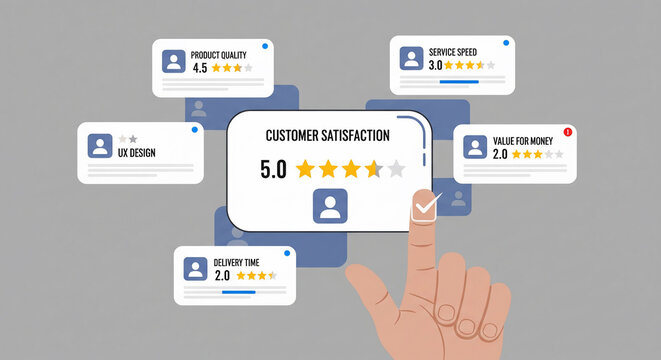 Finger tapping on customer satisfaction review with star ratings and feedback cards, concept for user experience, business analytics and service improvement