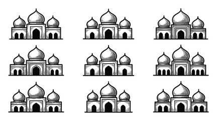 A collection of hand-drawn mosque featuring traditional domes and arches in a simple black and white line style © vector Art