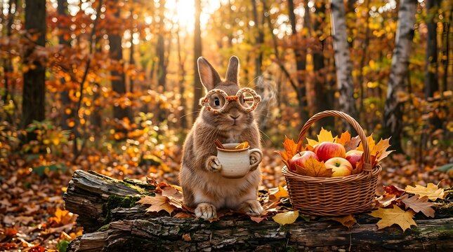 Cute rabbit with glasses holding hot drink in autumn forest