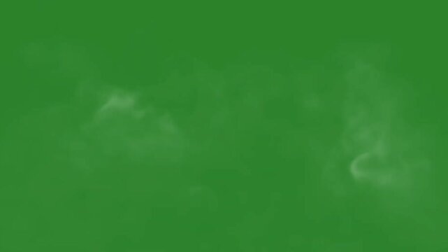White realistic smoke clouds and vapor plumes rising on a green screen background