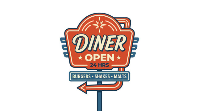 Vibrant retro style illustration featuring a classic American diner sign, showcasing 24-hour service and delicious menu items such as burgers, shakes, and malts