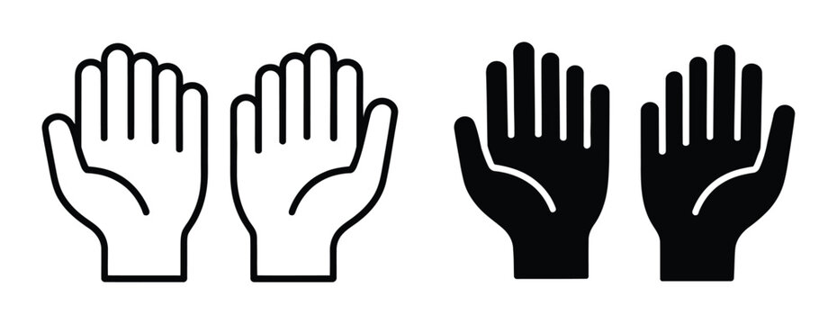 Set of outline and solid black representing human hands in a prayer or open palm gesture