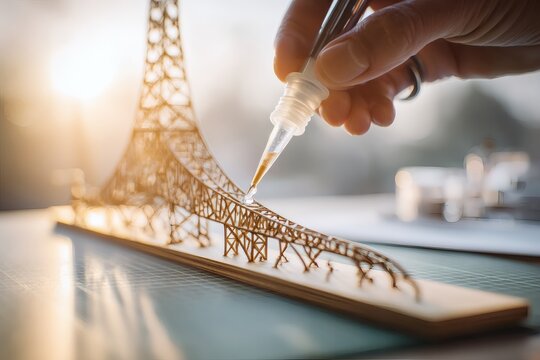 Detailed close-up of specialized Architect Hands Assembling Miniature Balsa Wood Model with Precision Tweezers in Studio.