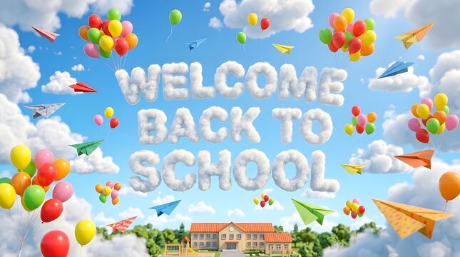 Welcome back to school text made of clouds in a blue sky with balloons and paper planes