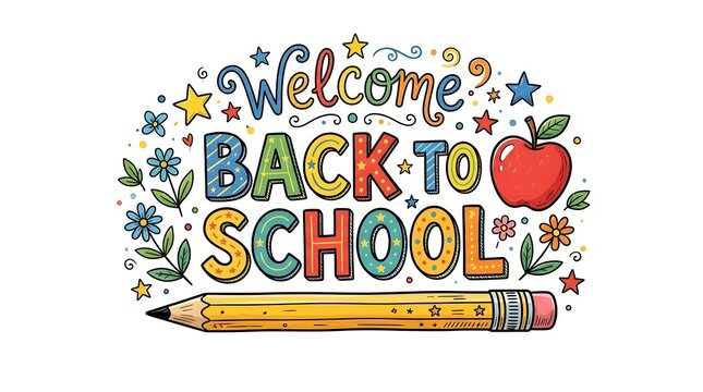 Welcome back to school hand drawn lettering with pencil and apple