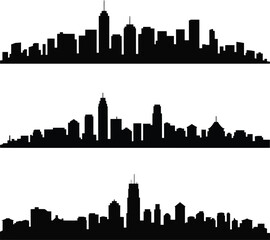 Obraz premium Three distinct city skylines featuring tall buildings and skyscrapers, black silhouettes, white