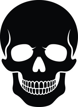 Detailed black silhouette of a human skull, front view, isolated on a white background, flat bone