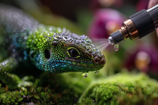 Extreme Macro Shot of Water Droplets on Iridescent Scales of Jeweled Lacerta Lizard.