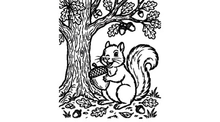 A smiling squirrel holding a large acorn under an oak tree, bold outline, black and white coloring page, white background.   © Natasa Akter 