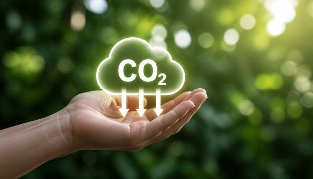 Hand holding glowing CO2 cloud with downward arrows for carbon reduction concept.