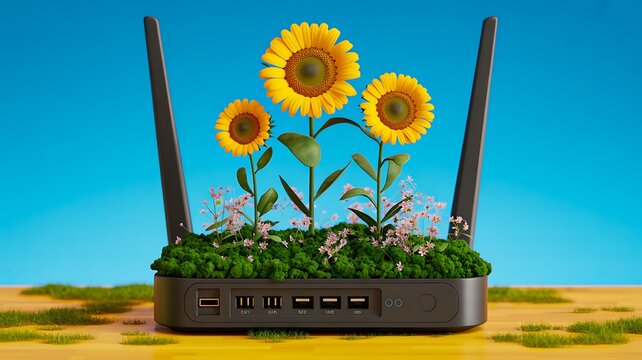 WiFi router with blooming sunflowers representing smart agriculture and connected farming technology