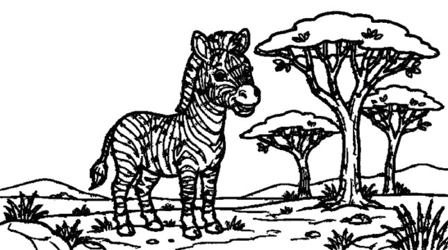 A smiling zebra foal standing near simple acacia trees, bold line art, coloring page, white background.

