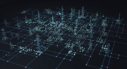 Fototapeta premium Abstract technological network of illuminated nodes and power lines on dark background.